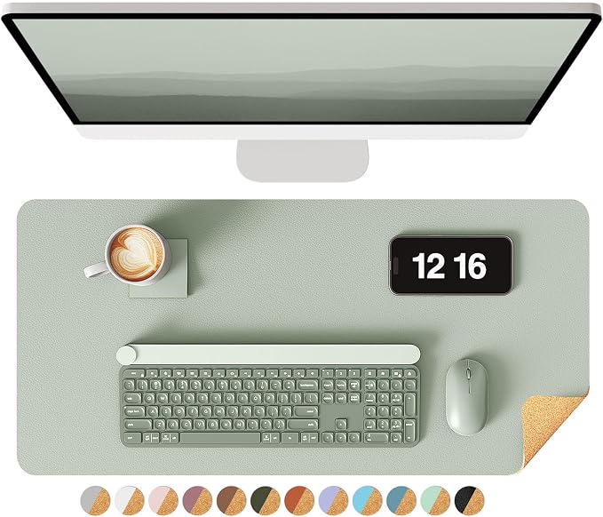 YSAGi Double-Sided Desk Pad, 23.6"x13.7"Leather Desk Mat, Eco Cork Desk Pad Protector,Large Mouse Pad,Waterproof Desk Blotter for Office/Home(Grayish Green)