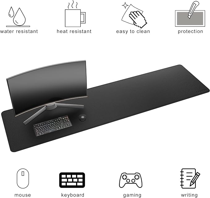 Chihein 71” x 20” Cork & PU Leather Desk Mat (Black) - Huge Mouse Pad, Double Sided Waterproof Desk Pad Protector for Gaming, Office, Home