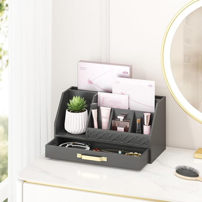 Wisuce Bamboo Mail Organizer Countertop with Drawers, Wooden Desk Organizer File Bill Sorter Storage Box for Desktop Letter Envelope Countertop Holder for Office Home School Organization