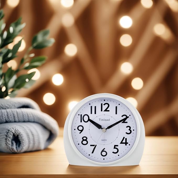 Tinload 5.5" Large Analog Alarm Clock Silent Non Ticking, Gentle Wake, Beep Sounds, Increasing Volume, Battery Operated Snooze and Manual Light, Easy Set,White(Best for Elder)