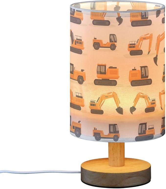 Table Lamp Cute Excavator Construction Car Pattern Nightstand Lamp with Wood Base Fabric Lamp Shade Bedside Desk Lamp for Living Room Bedroom Kids Room Office