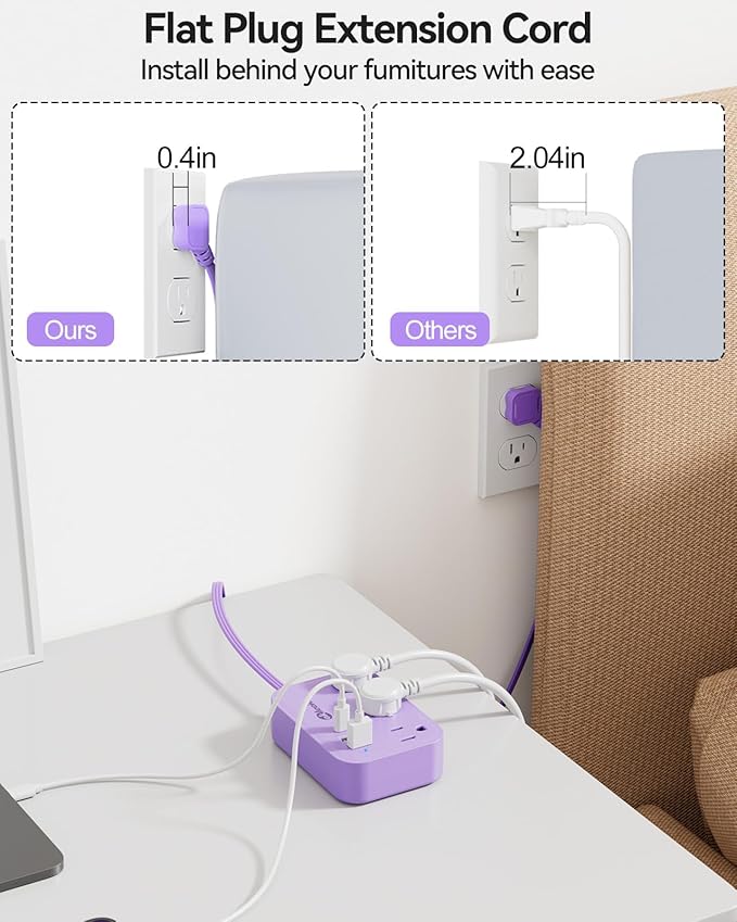 Purple Extension Cord with 3 Outlets & 3 USB(1 USB C), Cute Small Extension Cord 5ft, Travel Power Strip Flat Plug with USB Charging Station, Compact for Cute Purple Kawaii Lavender Desk Accessories