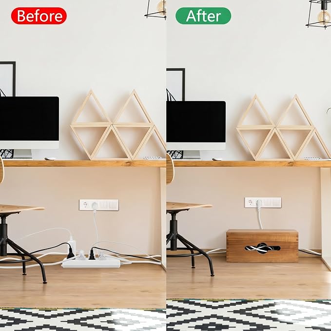 Cable Management Box,Cord Organizer Hide Desk Floor Wires,Home Office,Wood | Natural Wooden Cable Box Cover Power Strip Cord