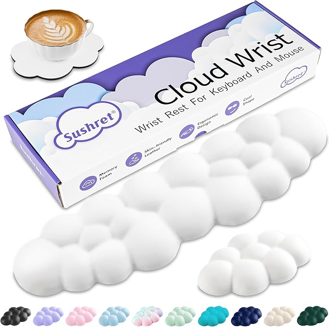 Sushret Cloud Wrist Rest Keyboard, Cloud Keyboard Wrist Pad Set with PU Leather Memory Foam, Cute Arm Rest for Palm Support, PC/Gaming Desk Accessories/Office Setup/Computer Hand Cushion - White