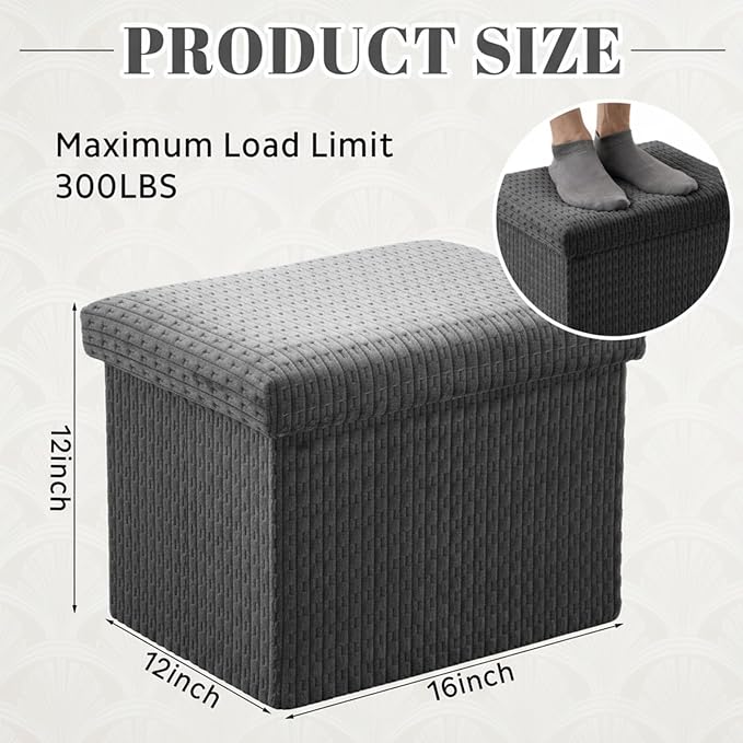 Thyle Storage Ottoman Cube, Small Foldable Footrest Stool for Under Desk Use, Sturdy Corduroy Ottoman with Storage for Snacks, Toys, Living Room, Bedroom, Dorm or Home Office, 16x12x12 Inch(Grey)
