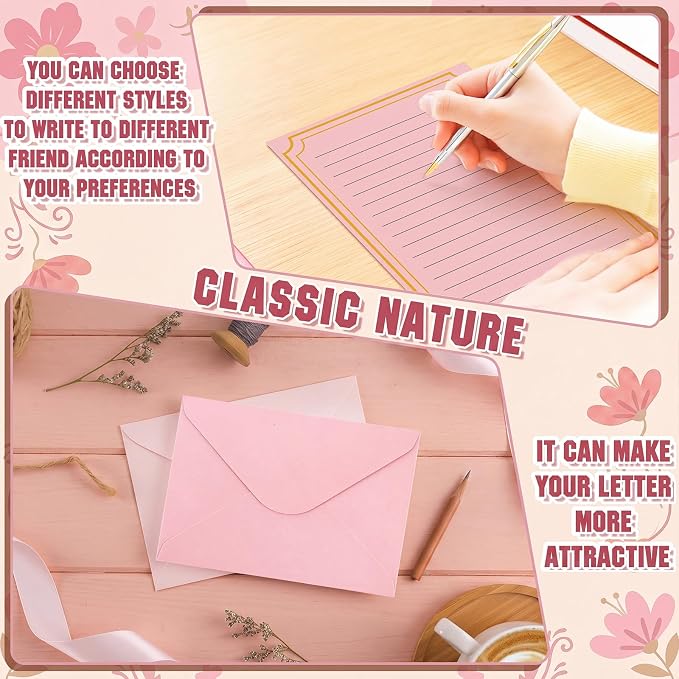 TaoBary 160 Packs Stationery Paper Set (50 Double Sided Stationery Writing Papers 50 Matching Envelopes) 60 Round Dot Sticker, 10 Design (5.5 x 8.25 Inch,Pink Color)