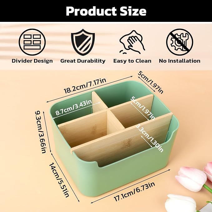 Segarty Green Remote Control Holder, Detachable Divided Bamboo Desk Organizer Caddy, Desktop Storage Box Pencil Pen Holder for Office Supplies Bedside Table Organizers