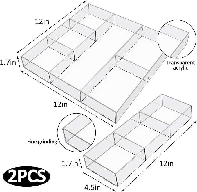 2 Pieces Makeup Drawer Organizer 6 Section Clear Desk Organizer with Dividers 3 Section Acrylic Makeup Tray Divided Drawer Inserts Sectioned Tray Storage