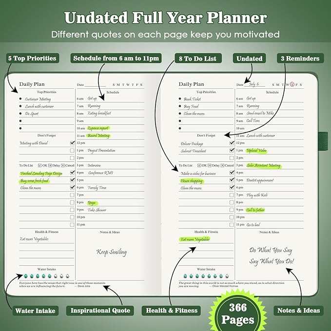 Undated Daily Planner with To Do List, 365 Days Agenda for Men, Hourly Planner Notebook for Goal Setting and Productivity with Calendar, 8.3" x 5.8" (Green)