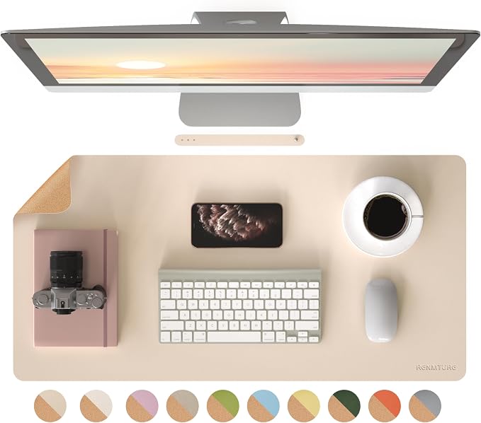 RENMTURE Desk Pad, Cork & PU Leather Desk Mat, Large Mouse pad, Non-Slip Desk Protector and Blotter, Waterproof Writing Pad, Desk Accessories and Organizers for Home Office (Apricot,32"x16")