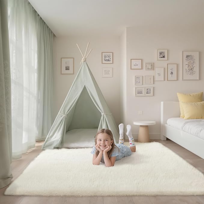 Shag Cream Rug 6x9 Area Rugs for Bedroom Living Room - Non Slip Ultra Soft Large Fluffy Fuzzy Shag Plush Shaggy Furry Rug for Dorm Kids Room Nursery Playroom, Home Office Modern Carpet Decor