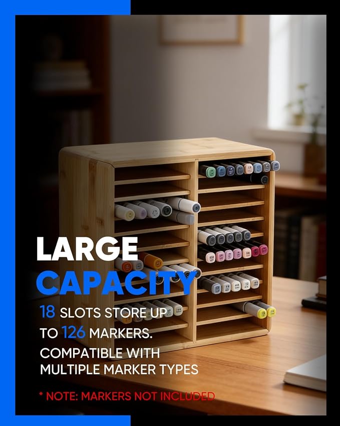 UCEC Bamboo Marker Organizer for 176 Markers, 11-Tier Desktop Marker Storage Rack with 22 Wide Compartments, Stackable Alcohol Pen Holder for Artists, Classroom, Studio Decor