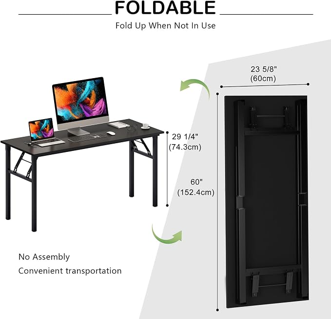 SDHYL Folding Desk, 60inch No Assembly Folding Desks for Small Spaces Sturdy Computer Desk, Functional Home Office Desks, Study Writing Desk Office Table Workstation for Home Office, Rustic Brown