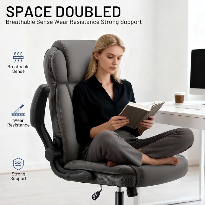 AreShark Ergonomic Office Chair with High Back Headrest,PU Leather Executive Desk Chair Padded Flip-Up Armrests,Lumbar Support,Swivel Computer Chair for Home Office & Gaming,Gray
