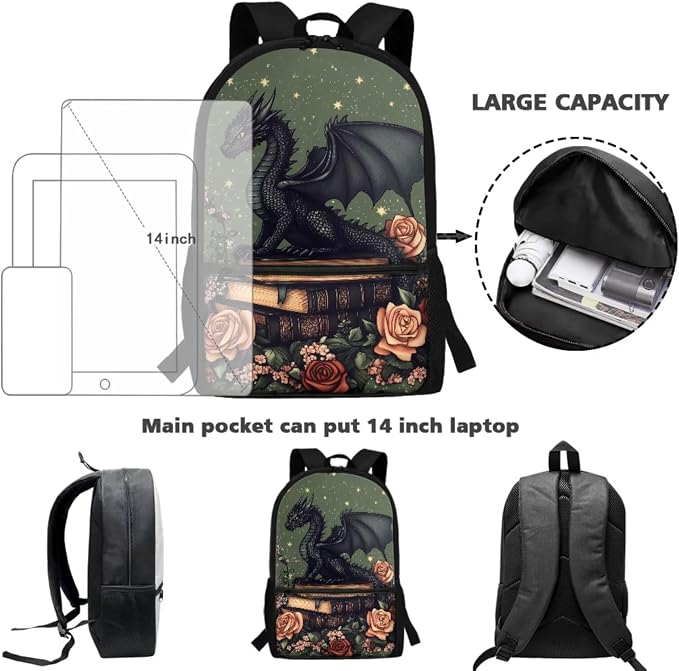 WELLFLYHOM Girls Dragon School Backpack with Lunch Box, 17 Inch 4PCS Green Backpack Set for Elementary Kids 6-11, Reduce Shoulder Pressure for Child, Back to School Supplies