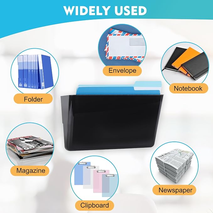 EASEPRES 8 Pack Black Plastic Single Pocket Hanging File Organizer, Wall Mount Paper Mails Magazines Holder, Mounted Folder Bins for Office School and Home, 12.99x4.13x7.48 inches
