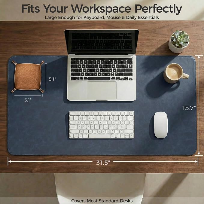 Premium Faux Leather Desk Mat & Tray Set，Innovative Cork-Look Printed Base，Gift Tube Packaging，Full-Desk Coverage，Non-Slip Desk Pad for Office Home（Navy Blue）