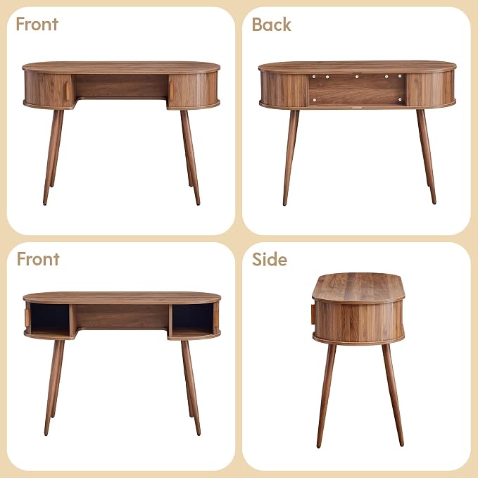 AVZEAR 43" Oval Fluted Home Office Desk, Small Computer Desk Writing Desk | ﻿ Wlanut Mid Century Modern Small Computer Desk Vanity Table with Sliding Tambour Door, Fluted Wooden Writing Study Desk