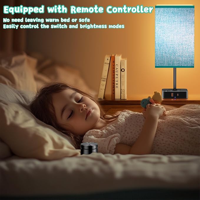 cozoo Bedside Table Lamp for Bedroom, 3 Way Dimmable & Remote Control Stepless Dimming Touch Nightstand Lamp, 2 USB Ports and 2 AC Outlets, Small Desk Light for Living Room, Bed, Study, Green