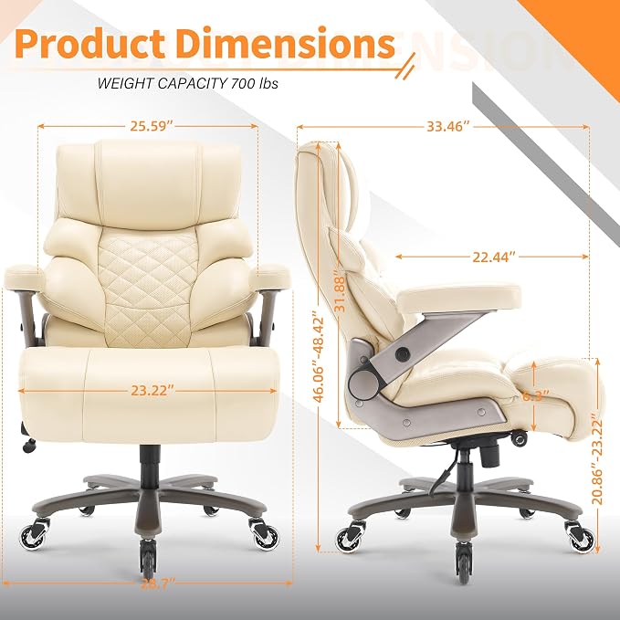 VUZI 700lbs Big and Tall Office Chair, Large Executive Leather Desk Chair | Adjustable Lumbar Support for Back Pain, Plus Size Wheels, 3D Flip Arms, Heavy Duty Metal Base, Wide Seat Computer Chair