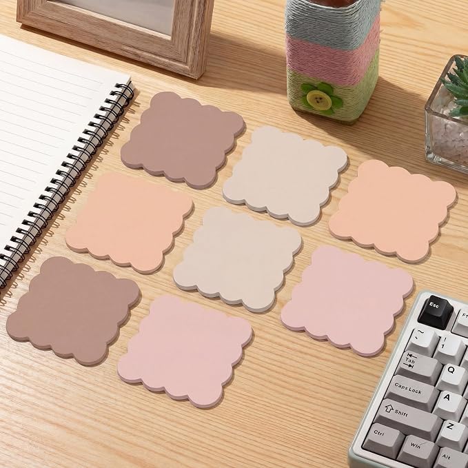 Eaasty 8 Pack Scalloped Sticky Notes Cute Adhesive Memo Pads Brown Colors Aesthetic Unlined Self Stick Note Pads 3" x 3" Pretty Wavy Sticky Notes Bulk 240 Sheets for School Office Supplies