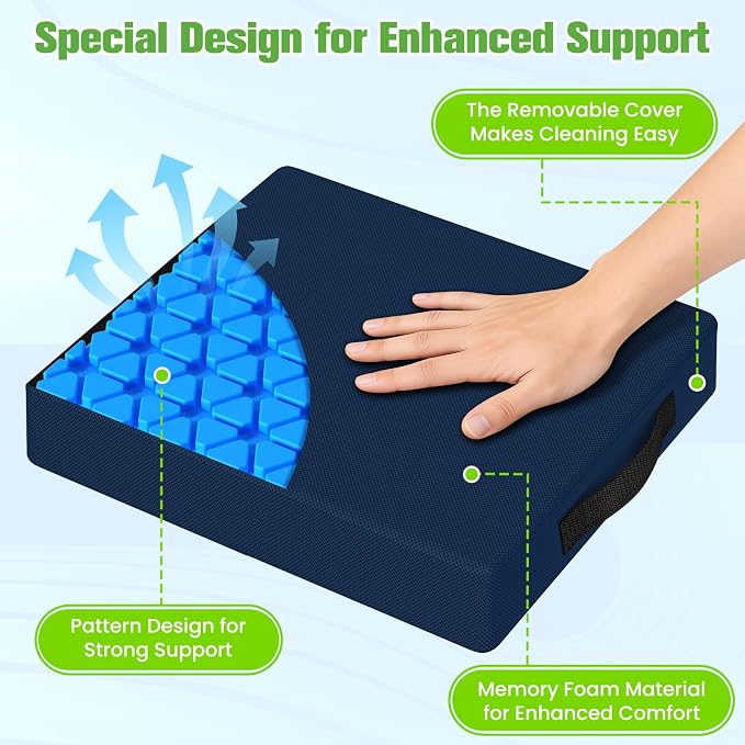 Seat Cushion for Office Chairs, Memory Foam Chair Cushion with Patterned Core for Even Support, Back, Tailbone & Sciatica Relief, Chair Pillow with Carry Handle for Car, Wheelchair (Blue)