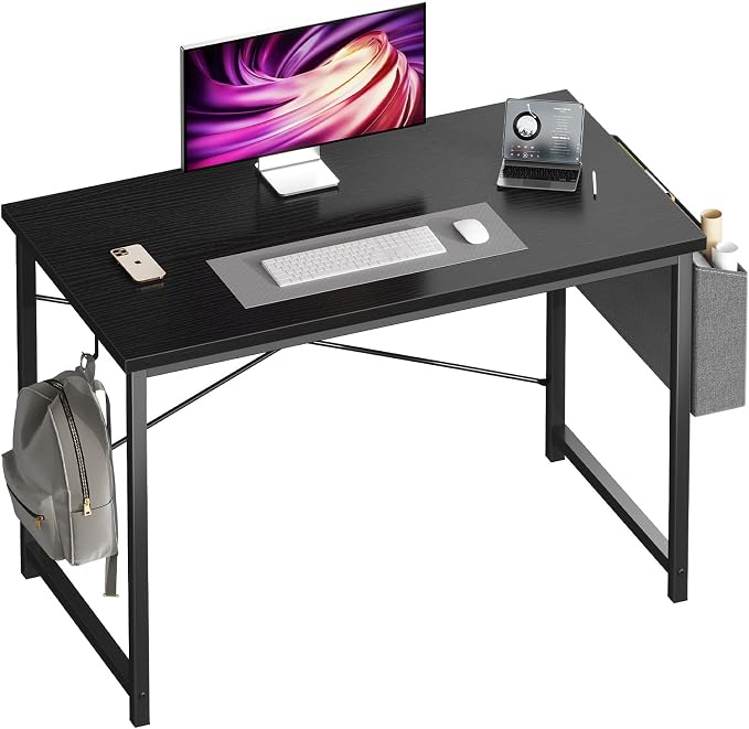 OLIXIS Computer Desk, 44 Inch Home Office Desks for Small Spaces, Writing Craft Study Gaming Table for Bedroom, Modern Computer Workstation with Storage Bag and Headphone Hook, Black