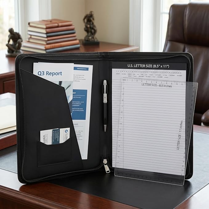 OOWOLF Padfolio Portfolio Folder, PU Leather Professional with 8.5 x 11 Letter Size Writing Pad Interview Resume Document Organizer Business Card Holder Zippered Closure