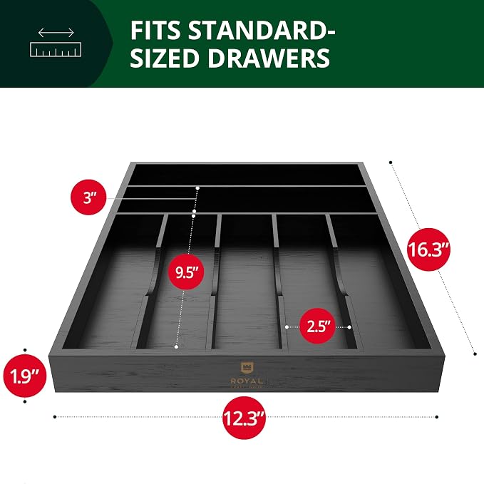 ROYAL CRAFT WOOD Luxury Bamboo Kitchen Drawer Organizer - Silverware Organizer - Utensil Holder and Cutlery Tray with Grooved Drawer Dividers for Flatware and Kitchen Utensils (7 Slot, Black)
