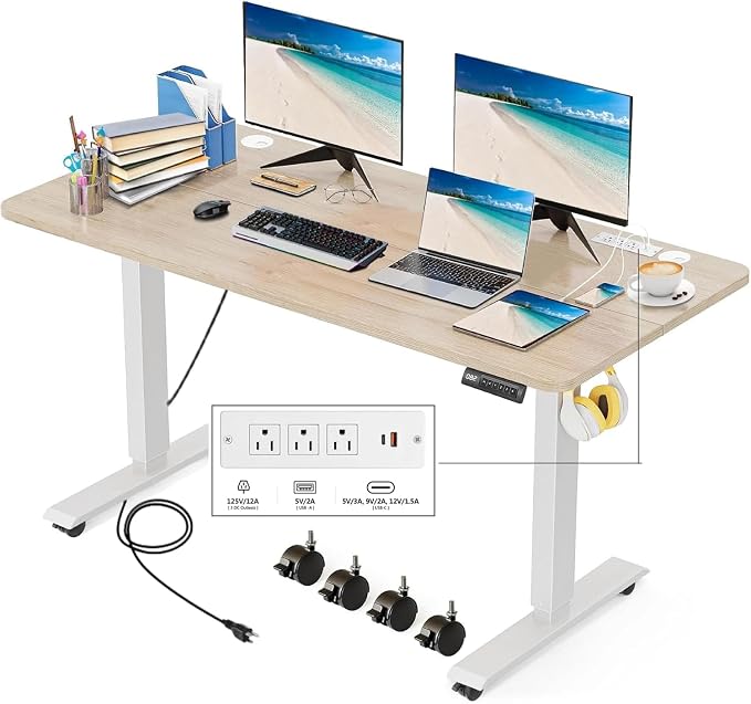 Electric Standing Desk with Power Outlets and USB-C Port, 55 x 24 Inches Adjustable Height Sit Stand Up Desk for Home Office, Adjustable Desk with Memory Preset and Wheels, Oak