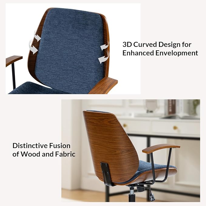 Modern Ergonomic Office Chair with Wood Frame & Metal Base, Swivel Home Office Desk Chairs with Adjustable Height, Comfy Upholstered Computer Chair, Navy