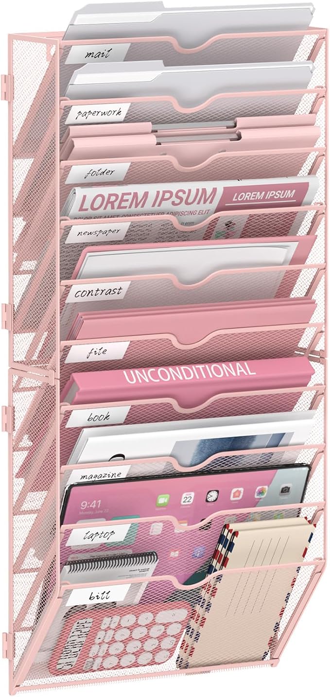 10 Tier Wall File Organizer Office Hanging Mail Holder Wall Mounted, Mesh Paper Document Organizer for Office Home School, Pink