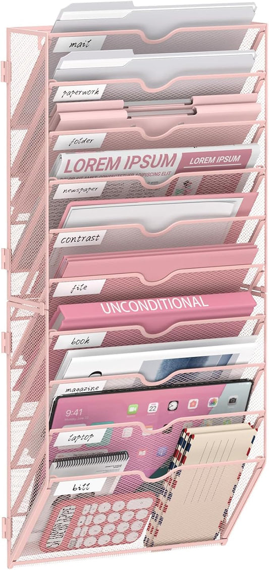10 Tier Wall File Organizer Office Hanging Mail Holder Wall Mounted, Mesh Paper Document Organizer for Office Home School, Pink