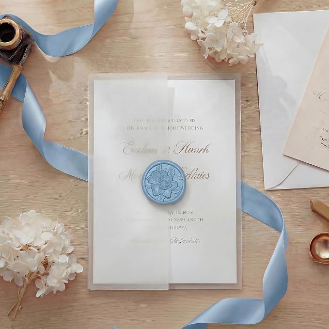 UNIQOOO Wax Seal Stickers - 3D Vintage Floral Wedding Invitation Envelope Botanical Seal Stickers, 50 Pcs Self- Adhesive Dusty Blue Flower Stickers, Perfect for Invitation, Gift Wrapping, Party