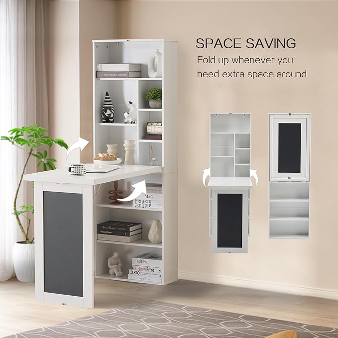 Folding Desk with Storage,Foldable Convertible Writing table with Blackboard and Shelves,Wall Mount Fold Out Table Cabinet , Space-Saving Murphy Desk Multi-Function Home Office Workstation (White)