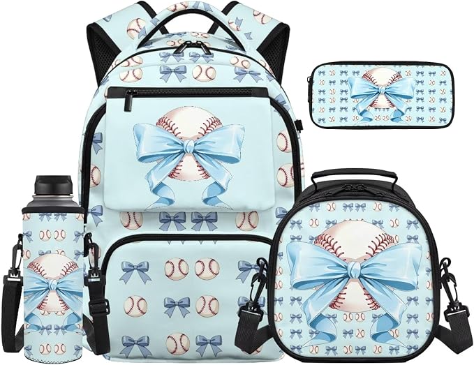 WELLFLYHOM 4 PCS Blue Bow Baseball Backpack for Girls Ages 7-8 | Matching School Bag with Lunch Bag, Pencil Case and Water Bottle Sleeve, Lightweight Daily Storage Backpack for Young Girls
