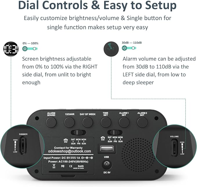 Odokee Digital Dual Alarm Clock for Bedroom with 0-100% Dimmable Display | Easy to Set Alarm Clock with Weekday/Weekend Mode - Loud Alarm for Heavy Sleepers with 5 Sounds Adjustable Volume