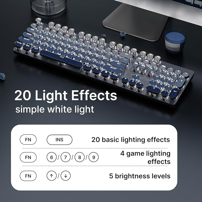 SEUNKWANG EWEADN Typewriter Keyboard Wireless Mechanical Keyboard, 104 Keys Gradient Color Typewriter Keyboards with White Backlit, Anti-Ghosting, Blue Switch Bluetooth/2.4GHz/Wired Keyboards-Blue