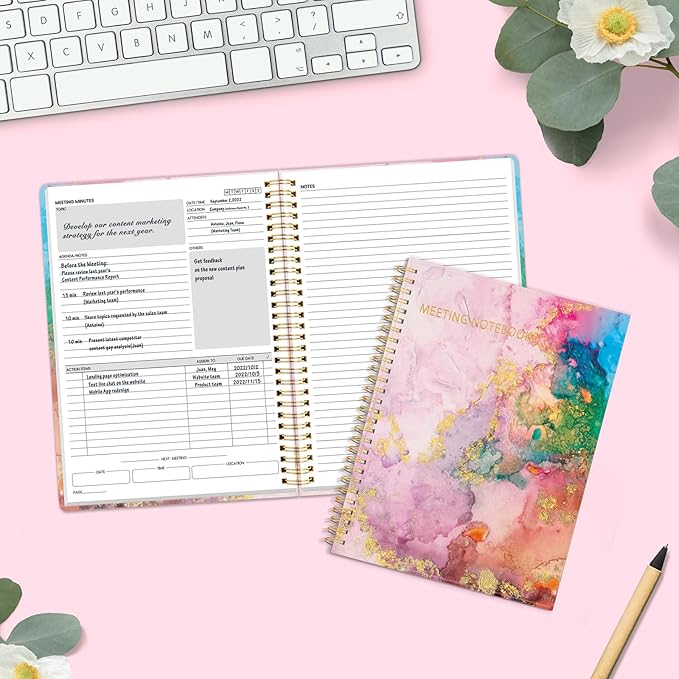 SUNEE Half Meeting Half Note - 7.5"x10" Professional Notebooks for Work - 160 Pages, B5 Size Project Planner, Spiral Meeting Agenda/Minutes Organizer for Women Men, Note Taking, Office & Business