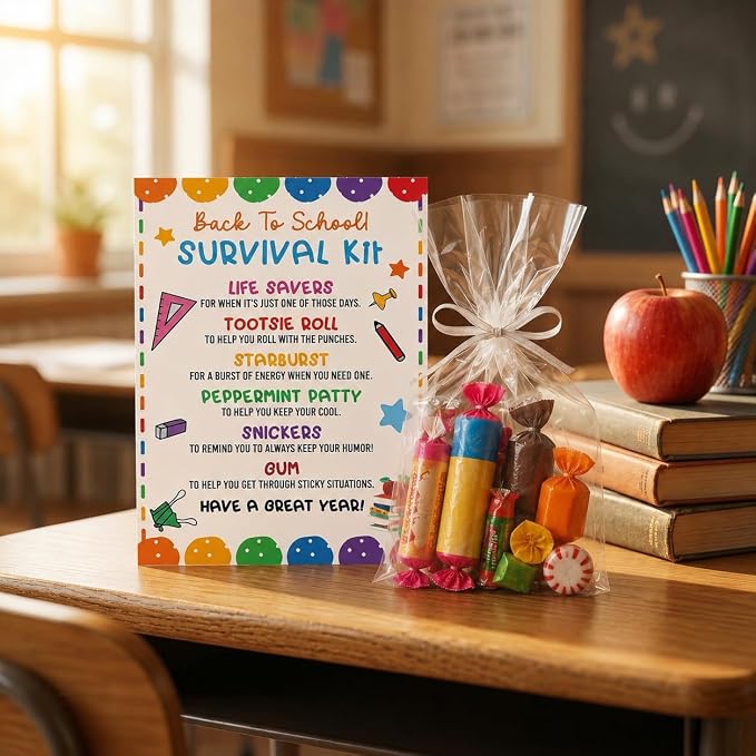 30 PCS Back to School Survival Kit,3.5x5 Inch Teacher Gift Insert Cards for Students,Back To School Student Treat Tags,First Day of School Classroom Welcome Supplies-BTSC02