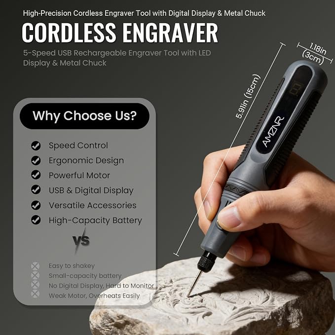 Electric Engraving Pen AMZNR Cordless Mini Engraver Etcher with 82 Accessories, Rechargeable Rotary Tool Engraving Kit for Metal Wood Glass Plastic, Jewelry Making Etching Carving Handheld Micro Drill
