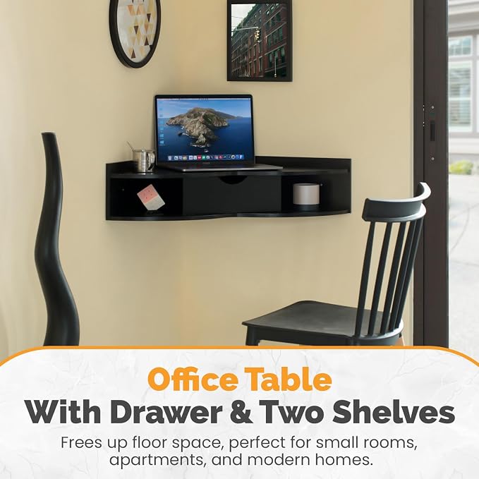 Basicwise Brown Heart Shaped Wall Mounted Office Table with Drawer and Two Shelves Computer Writing Corner Desk,QI004024.BK