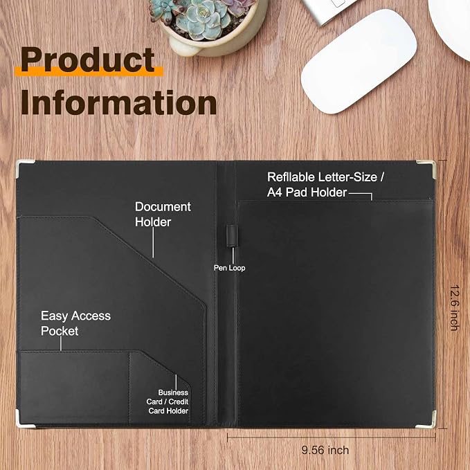 Tiankool Padfolio Portfolio Binder – Thickened Business Folder for Interview Resumes, Legal Documents | Notepad Not Included,Durable, Black