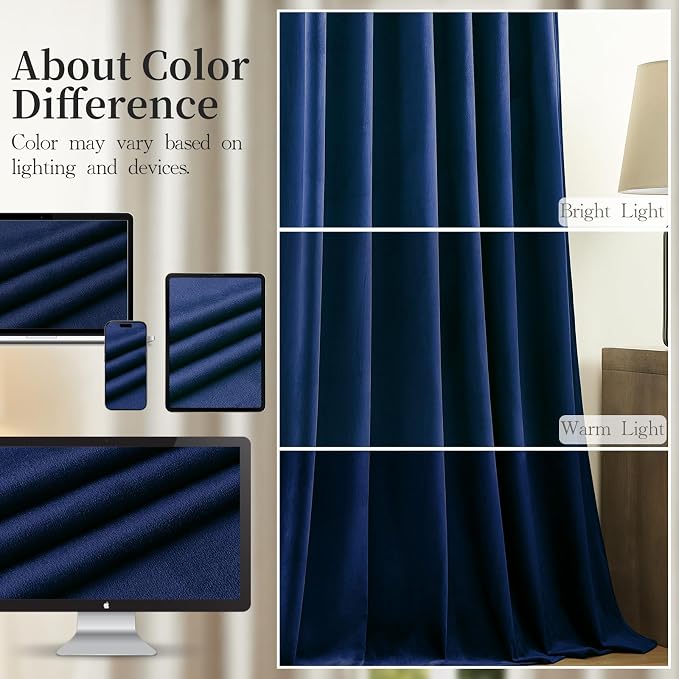 108 Inch Extra Long Blackout Velvet Curtains for Bedroom Living Room, Thermal Insulated Room Darkening Curtain Super Soft Luxury Drapes, Back Tab & Rod Pocket, W52 x L108, Navy Blue, 2 Panels