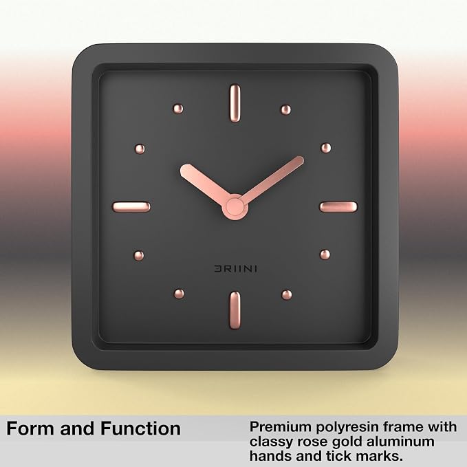Driini Modern Mid Century Desk & Shelf Clock (Black Rose Gold) - Battery Operated with Silent, Analog Movement – Small Tabletop Clocks for Office – Perfect for Mantle, End Table, Desktop or Nightstand