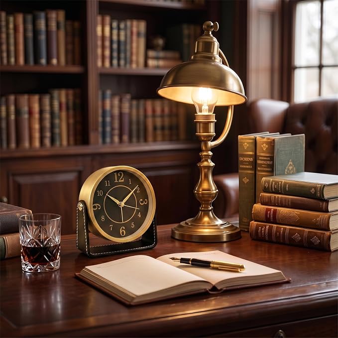 Analog Alarm Clock - 4.5" Silent Non Ticking Small Clock with Light, Rotatable Stand Metal Desk Clock Battery Operated, Simple Design for Living Room Decor/ Bedroom/Bedside/Shelf (Gold & Black)