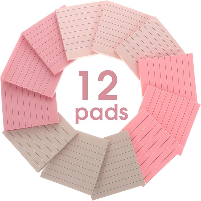 12 Pack Lined Sticky Notes 3x3 inch Post Ruled Stickies Super Self Stick Power Memo Pads Multi Colors Notes Pads Vintage Aesthetic School Office Supplies Accessories(Pink)