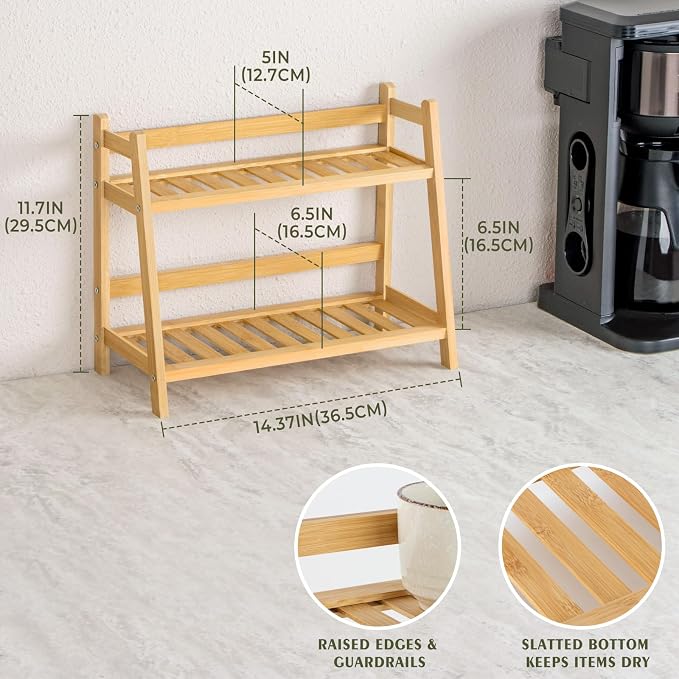 ANBOXIT Bamboo Matcha Station Organizer, Countertop 2 Tier Desktop Shelf | for Mugs, Cups, and Condiments - Ideal for Matcha & Coffee Accessories in Kitchen, Home, Office