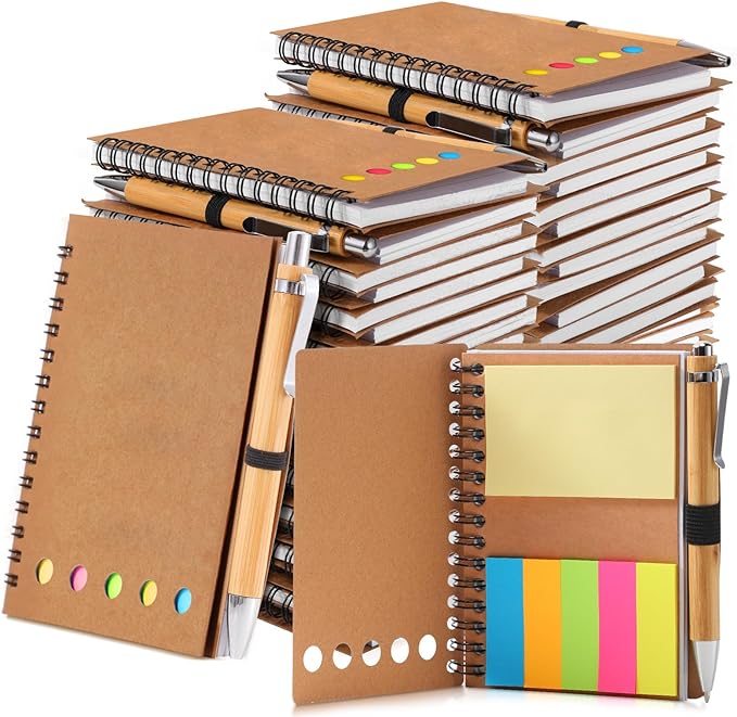 Chuangdi 50 Sets Lined Spiral Notebooks with Sticky Notes and Bamboo Pens, Back-to-school Supplies for Office Teacher Staff, Kraft Notebook with Pen Set Bulk for Employee