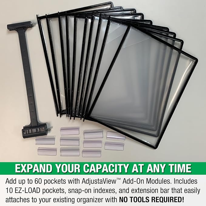 Ultimate Office AdjustaView 10-Pocket Desk Reference Organizer with Easy-Load Pockets and Compact Weighted Base for Stability, Black Pockets